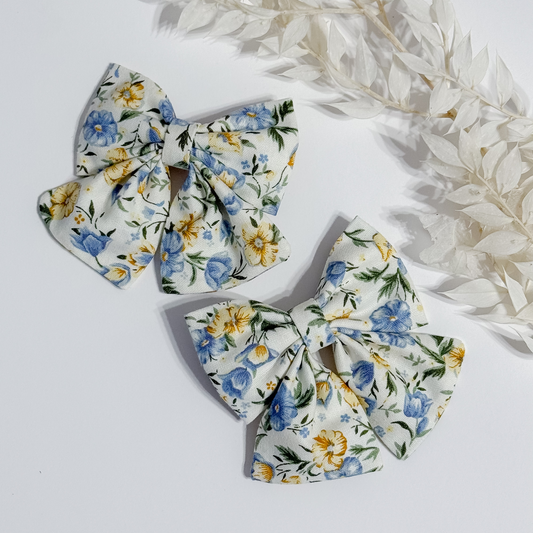 Floral Hair Bow Blue and Yellow blooms