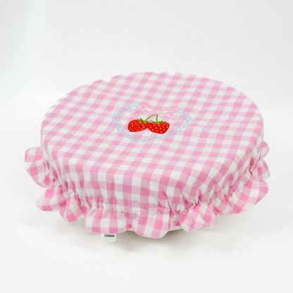 Embroidered Strawberry Pink Gingham Bowl Cover