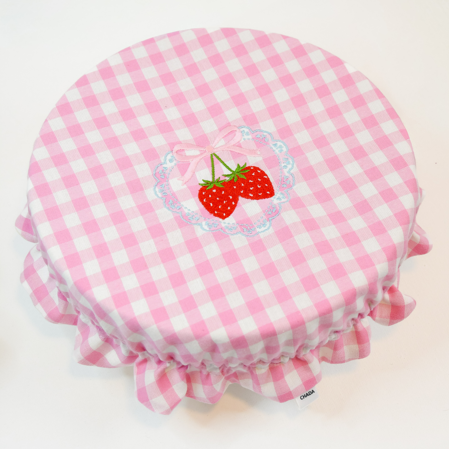 Embroidered Strawberry Pink Gingham Bowl Cover