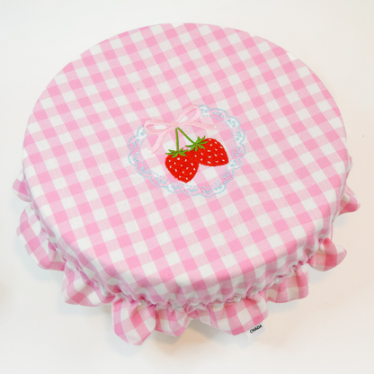 Embroidered Strawberry Pink Gingham Bowl Cover