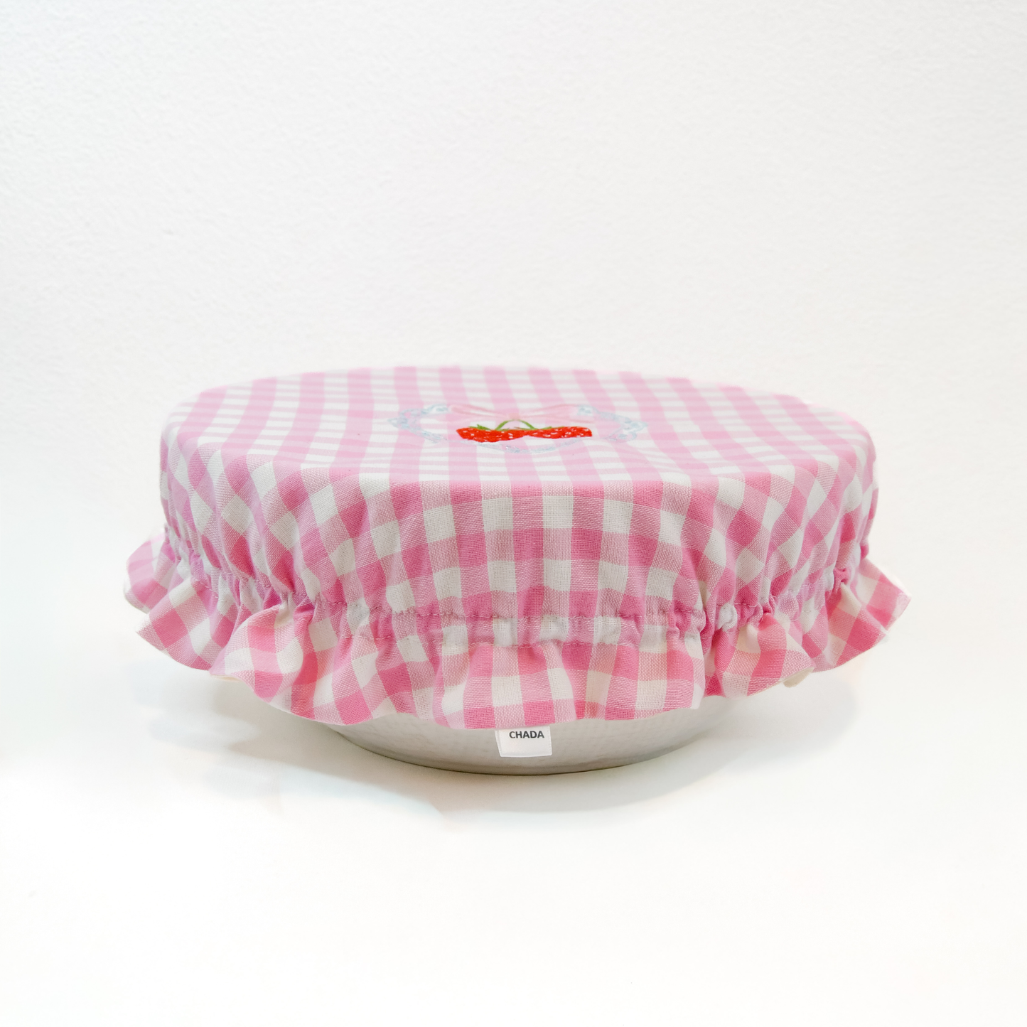 Embroidered Strawberry Pink Gingham Bowl Cover