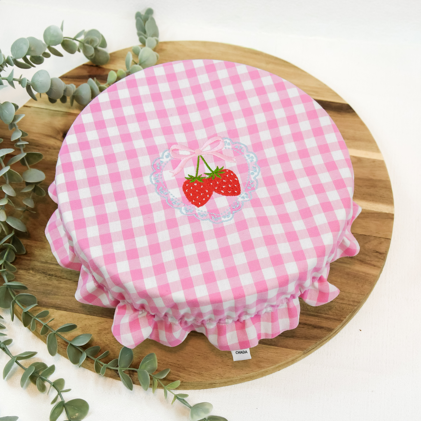 Embroidered Strawberry Pink Gingham Bowl Cover