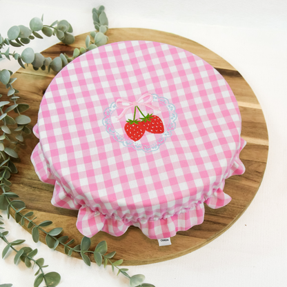 Embroidered Strawberry Pink Gingham Bowl Cover